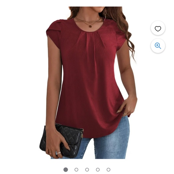 Tasamo Red Round Neck Basic Pleated Top Cap Petal Sleeves Curved loose Blouse M - Picture 2 of 10